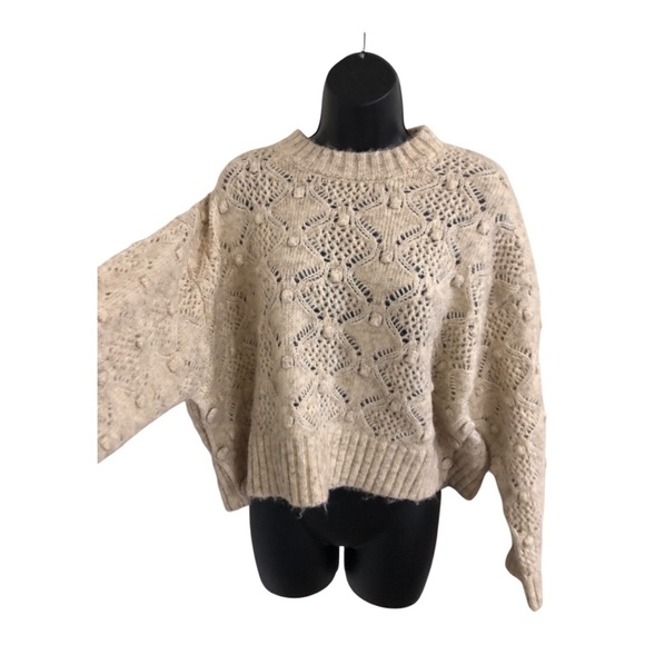 Tan crewneck knotted heirloom farmhouse style fuzzy crochet knit sweater size L - Picture 17 of 17